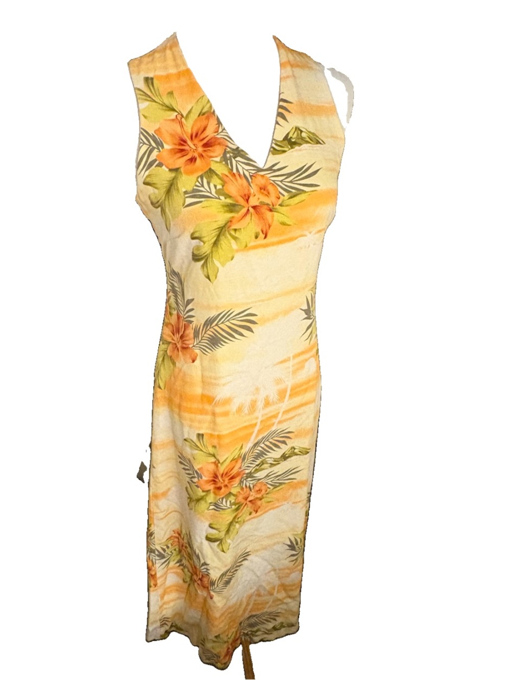 Vintage Tommy Bahama 100% Silk Yellow Tropical Floral V-Neck Maxi Dress - Picture 2 of 6